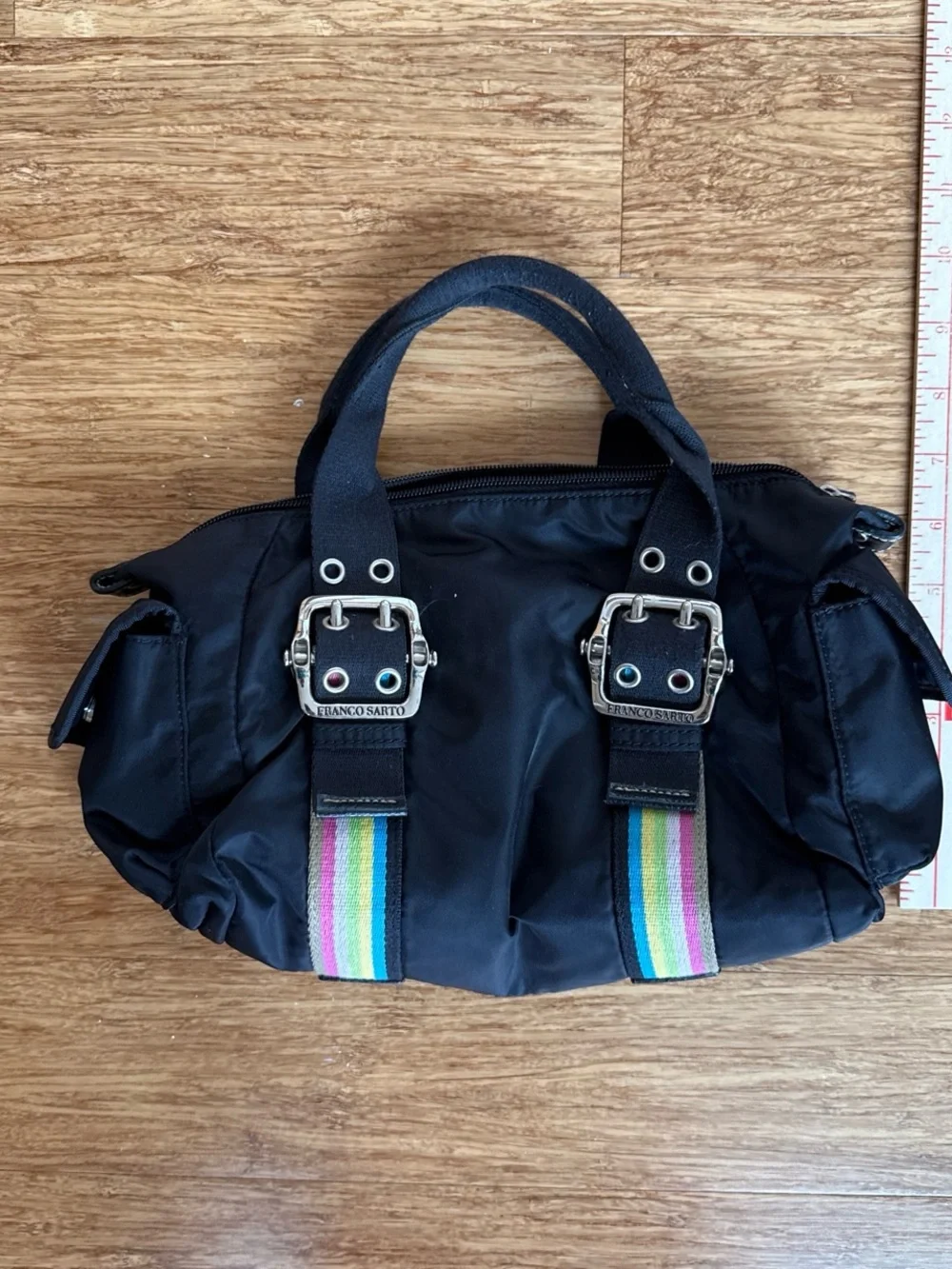 Franco sarto baguette Black Women's Satchel Bag with Rainbow Stripe Accents